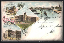 Lithographie Offenbach / Main, Bahnhof, Schloss Isenburg, Krankenhaus, Dampfer  - Offenbach