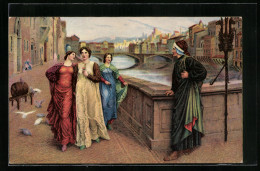 Künstler-AK Florenz, Dante Und Beatrice Treffen Sich Bei Einem Spaziergang Am Arno  - Ecrivains
