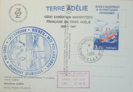 Carte Postale EPF Postée Terre Adélie 1 1 1986. Cachet Illustré M/S Polarbjorn 1985/86 + Griffes Et Cachets - Covers & Documents