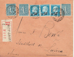 Tarifs Postaux Etranger Du 01-08-1926 (60) Pasteur N° 222 50 C.sur 1,25 F. X 3 + Semeuse 50 C. X 3 Lettre Recommanrdée 1 - 1922-26 Pasteur
