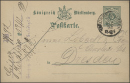 Württemberg Postkarte Ziffer 5 Pf. Grün Kirchheim Unter Teck 17.12.92 N. Dresden - Ganzsachen