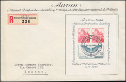 Schweiz Block 4 Ausstellung 1938 - Schmuck-Bf. Sonder-R-Zettel SSt AARAU 25.9.38 - Expositions Philatéliques