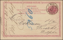 Postkarte P 20 SVERIGE-SUEDE 10 Öre, MALMÖ POST 21.12.1890 N. Werdohl/Westfalen - Entiers Postaux