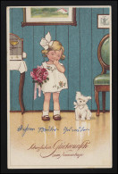 AK HWB Ser. 2106 Kleines Mädchen Kanarienvogel Hund Rosen Namenstag, Um 1928 - Autres & Non Classés