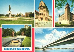 BRATISLAVA, MULTIPLE VIEWS, ARCHITECTURE, STATUE, PARK, FOUNTAIN, BRIDGE, CASTLE, SLOVAKIA, POSTCARD - Slowakije