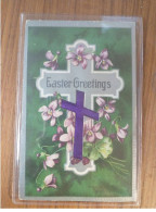 FANTAISIES AG#MK527 EASTER GRETTINGS CARTE BRODEE TISSUS FLEURS CROIX - Brodées