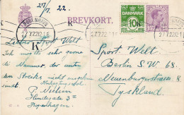 DENMARK 1922 POSTCARD MiNr P 167 II SENT FROM KOBENHAVN TO BERLIN - Interi Postali
