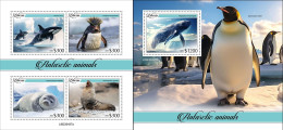 Liberia 2023, Animals, Penguins, Whale, 4val In BF +BF - Walvissen