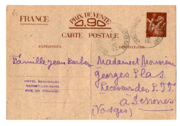 TB 4709 - 1940 - Entier Postal - M. BARBERO, Hôtel Beausoleil à VERNET - LES - BAINS Pour M. & Mme G. PLAS à SENONES - Cartes Postales Types Et TSC (avant 1995)