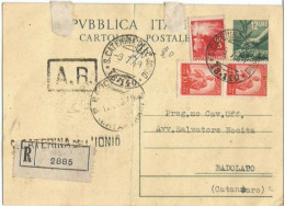 Cartolina Postale Democratica L12 Raccomandata AR Con L10x2 +L3 S.Caterina Ionio 9.7.49 X Badolato CS - Interi Postali