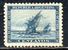ARGENTINA 1892 DISCOVERY OF AMERICA SANTA MARIA NINA AND PINTA 5c MH - Nuovi