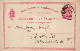 DENMARK 1884 POSTCARD MiNr P 23 SENT FROM KOBENHAVN TO BERLIN - Interi Postali
