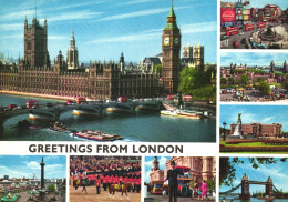 LONDON, MULTIPLE VIEWS, ARCHITECTURE, BRIDGE, CARS, BUS, BOAT, SHIP, MONUMENT, GUARDS, ENGLAND, UNITED KINGDOM, POSTCARD - Other & Unclassified