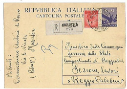 Repubblica CP134 Democratica L.8 + Raccomandazione L.10 Maratea 8apr1948 X Reggio Calabria - Entiers Postaux