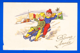 Nouvel An-239P45 Bonne Année En Relief, Enfants Qui Font De La Luge, Cpa - Anno Nuovo