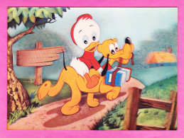 Disney-67P132 Carte Visio Relief, Un Des Neveux De Donald Sur Le Dos De Pluto, En Route Pour L'école, BE - Autres & Non Classés
