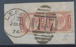 GB QV ½d Plate 5 (pair, AR-AS) Superb Used On Piece With Duplex „LEEDS / 447“, Yorkshire (4VODB, Time Code „J32“), 28.3. - Usati