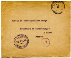 CAD BILINGUE POSTES MILITAIRES BELGIQUE + BUREAU DE CORRESPONDANCE BELGE LONDRES SUR LETTRE POUR LE HAVRE, 1915 - Army: Belgium