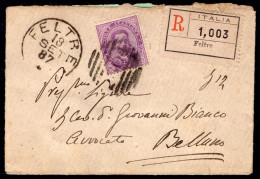 1887 18 SET  C.50 ISOLATO SASS.42 "EFFIGIE DI UMBERTO I"USATO SU RACCOMANDATA  DA  FELTRE X BELLUNO  MOLTO BELLA CV 150+ - Poststempel