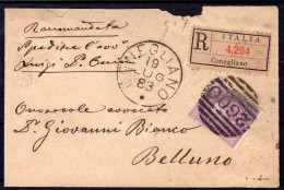 1883 19 LUG  C.50 ISOLATO SASS.42 "EFFIGIE DI UMBERTO I"USATO SU RACCOMANDATA  DA  CONEGLIANO X BELLUNO  MOLTO BELLA CV - Poststempel