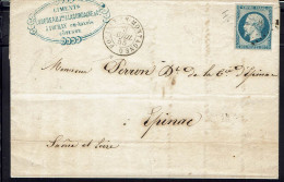 FR. Ciments Lobereau Et Lacordaire & Cie à Pouilly En Auxois. 20 C Napoléon PC 2558 Sur Lettre Du 3 Avril 1855. B/TB. - 1849-1876: Klassieke Periode