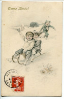 CPA  Style Viennoise Voyagé 1908 * BONNE ANNÉE Couple Enfants Faisant De La Luge * Illustrateur - Neujahr