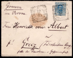 1893 29 DIC C.25 ISOLATO SASS.62 "EFFIGIE DI UMBERTO I,STEMMA"USATO SU BUSTA  DA  S.MARGHERITA LIGURE X GREIZMOLTO BELLA - Poststempel