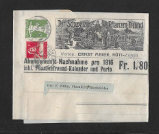 1916 HEIMAT ZÜRICH ► Privates Streifband, Abo-Nachnahme Mit Illustration "Der Schweizer Pflanzen-Freund"  ►RAR◄ - Enteros Postales