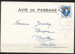 Empreinte Ferroviaire Lettre De Brigade C Sur Avis De Passage 1954 - Poste Ferroviaire