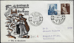 Espagne 1954 Y&T 841 Et 842 Sur FDC. Année Sainte De Compostelle. Cathédrale Saint Jacques - Iglesias Y Catedrales
