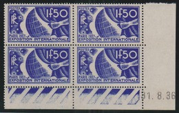 FRANCE - N° 327** - Exposition  Internationale De Paris 1937 - 1F50 Bleu - Coin Daté Du 31.8.36  (papier Transparent). - 1930-1939