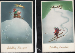 2 Cartes Bonne Annee, Enfants -children - Kinder -kindjes In De Sneeuw Op De Berg - New Year