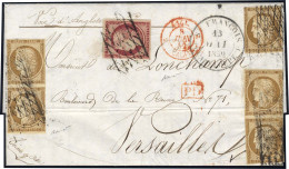 Obl. 1 X 5 + 6 - 10c. Bistre, 2 Paires + 1 Unité (avec Légers Défauts) + 1F. Carmin Obl. Grille Sans Fin S/lettre Frappé - 1849-1850 Ceres