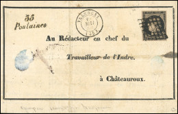Obl. 3 - 20c. Noir S/jaune Obl. Grille S/lettre Frappée Du CàD De VALENCAY Du 1- Mai 1850 Et De La Cursive "35 POULAINES - 1849-1850 Ceres