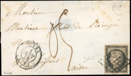 Obl. 3 - 20c. Noir S/jaune, Obl. Grille S/lettre Frappée Du CàD De TOURS Du 1er Août 1850 à Destination De SOISSONS - AI - 1849-1850 Cérès