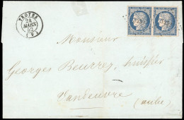 Obl. 4 - Paire Du 25c. Bleu, Obl. PC 3432 S/lettre Frappée Du CàD De TROYES Du 24 Mars 1852 à Destination De VANDEUVRE - - 1849-1850 Cérès