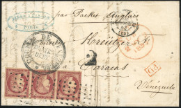 Obl. 6 - Bande De 3 Du 1F. Carmin Obl. Gros Points S/lettre Frappée Du CàD De PARIS (60) Du 30 Avril 1853 à Destination  - 1849-1850 Cérès