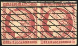 Obl. 6d - 1F. Cerise De 1853. Paire. Obl. Grille Sans Fin. Nuance Exceptionnelle. SUP. - 1849-1850 Ceres