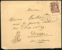 Obl. 6A - 1F. Rouge-brun S/lilas Obl. Grille S/lettre Frappée Du CàD De TOURS Du 24 Mars 1849 à Destination De DIEPPE. A - 1849-1850 Ceres