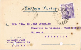 54555. Tarjeta Comercial SOLLER (Baleares) 1945 A Valencia - Storia Postale