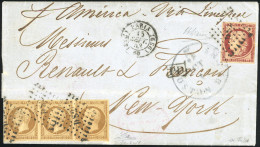 Obl. 9 + 6 - Bande De 3 Du 10c. Bistre-jaune + 1F. Carmin Obl. ''DS2'' S/lettre Frappée Du CàD De PARIS Du 15 Septembre  - 1849-1850 Cérès
