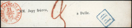 Obl. Bande De Journal Imprimée Frappée Du Cachet Rouge Du 21 Décembre 1856. Taxée à 2 En Rouge à Destination De DELLE. S - 1853-1860 Napoléon III.