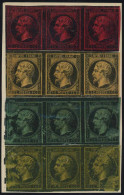 (*) 11 - Essai En Bande De3 S/papier Baudruche Du 1c. En Rouge S/noir, En Jaune S/noir, En Vert S/noir Et En Gris-jaune  - 1853-1860 Napoleone III