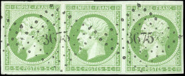 Obl. 12 - 5c. Vert. Bande De 3. Obl. PC 3675. SUP. - 1853-1860 Napoléon III.