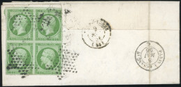 Obl. 12 - Bloc De 4 Du 5c. Vert Obl. étoile S/lettre Frappée Du CàD De PARIS Du 8 Mai 1856 à Destination De SENS. TB. - 1853-1860 Napoléon III