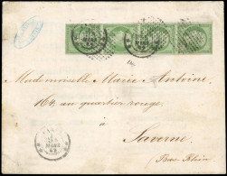 Obl. 12 - 5c. Vert. Bande De 4 Obl. Rond De Point S/lettre Frappée Du CàD De PARIS Du 8 Mars 1862 à Destination De SAVER - 1853-1860 Napoléon III.