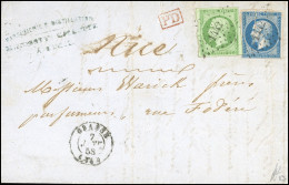 Obl. 12 + 14 - 5c. Vert + 20c. Bleu (déf.) Obl. PC 1442 S/lettre Frappée Du CàD De GRASSE Du 7 Janvier 1853 à Destinatio - 1853-1860 Napoléon III