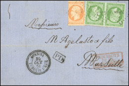 Obl. 12 X2 + 16 - Paire Du 5c. Vert + 40c. Orange (déf.) Obl. 3770 PC S/lettre Frappée Du Cachet Perlé MERSINA - TURQUIE - 1853-1860 Napoléon III.
