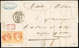 Obl. 13A - Paire Du 10c. Bistre (déf.) Obl. Cachet ''P.P.'' En Rouge, S/lettre Frappée Du CàD De ROMANS Du 17 Avril 1855 - 1853-1860 Napoléon III.
