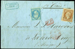 Obl. 13A+ 14 - 10c. Bistre + 20c. Bleu (touché) Obl. PC 1495 S/lettre Frappée Du CàD ''BUREAU MARITIME DU HAVRE'' Du 10  - 1853-1860 Napoléon III